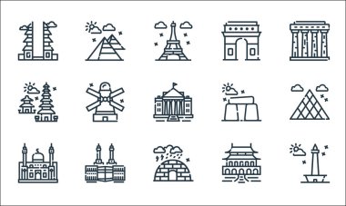 Dünya Anıt Çizgisi ikonları. Doğrusal küme. Monas, igloo, cami, yasak şehir, Mekke, pura, stonehenge, arc de triomphe, pyramid gibi kalite vektör dizileri