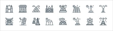 Dünya Anıt Çizgisi ikonları. Doğrusal küme. Eiffel kulesi, Washington anıtı, stonehenge, torii kapısı, monas, borobudur, athens gibi kalite vektör çizgisi