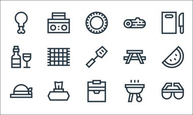 piknik çizgisi simgeleri. Doğrusal küme. Güneş gözlüğü, daha havalı, güneş şapkası, ızgara, mendil, şarap şişesi, piknik masası, ahşap, teyp kutusu gibi kalite vektör dizileri