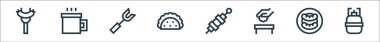 piknik çizgisi simgeleri. Doğrusal küme. Kaliteli vektör çizgisi: eko yakıt, sosis, çöp kutusu, şiş, tako, çatal, bardak
