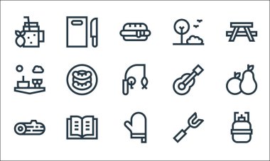 piknik çizgisi simgeleri. Doğrusal küme. eko yakıtı, pişirme, ahşap, çatal, kitap, piknik, gitar, park, kesme tahtası gibi kalite vektör çizgisi