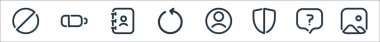 kullanıcı arayüzü satır simgeleri. Doğrusal küme. resim, soru, antivirüs, kullanıcı, tazeleme, telefon rehberi, pil gibi kalite vektör dizileri