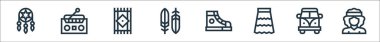 Hippi çizgisi simgeleri. Doğrusal küme. Hippi, van, etek, spor ayakkabısı, tüy, halı, radyo gibi kalite vektör çizgisi