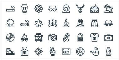 Hippi çizgisi simgeleri. Doğrusal küme. Kaliteli vektör çizgisi örneğin lav lambası, barış, barış, spor ayakkabısı, tişört, minibüs, güneş gözlüğü, bitki, puro.