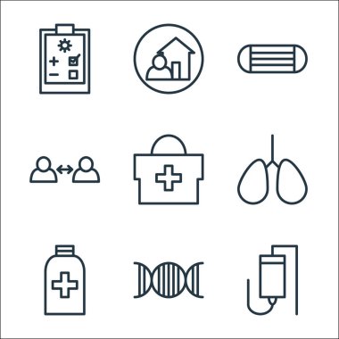 Koronavirüs çizgisi simgeleri. Doğrusal küme. İnfüzyon, sinir, ilaç, akciğer, ilaç kiti, mesafeyi koru, maskeyi tak, evde kal