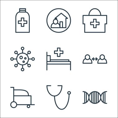 Koronavirüs çizgisi simgeleri. Doğrusal küme. Sinir, steteskop, tekerlekli sandalye, mesafeyi koru, kötü, virüs, ilaç kiti gibi kalite vektör dizisi evde kal