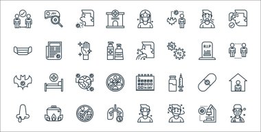 Pandemik çizgi simgeleri. Doğrusal küme. Doktor, hasta, akciğerler, soğuk algınlığı, antivirüs, hastalık, yayılma, kusmuk, haber raporu gibi kalite vektör çizgisi