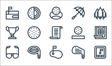 Golf sahası ikonları. Doğrusal küme. GPS, güneş gözlüğü, demir, sürücü, kupa, su, şemsiye, golf topu gibi kalite vektör çizgisi