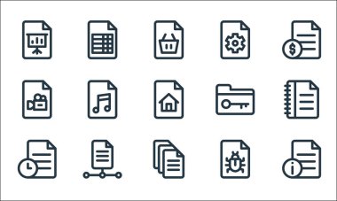 belge ve dosya satırı simgeleri. Doğrusal küme. Dosya, dosya, dosya, hata, video, dizin, ayarlar, hesap tablosu gibi kalite vektör çizgisi