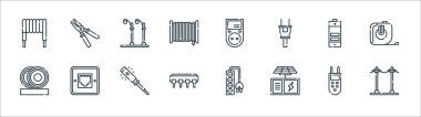 Elektrikçi aletleri ve çizgi simgeleri. Doğrusal küme. Elektrik direği, güneş paneli, elektrik devresi, yalıtım, pil, sokak lambası, elektrik sayacı, pense gibi kalite vektör dizileri