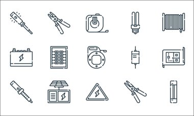 Elektrikçi aletleri ve çizgi simgeleri. Doğrusal küme. Fünye, elektrik, lehim, pense, güneş paneli, toplayıcı, diyot, neon, tel sökücü gibi kalite vektör dizileri