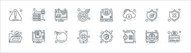 Web güvenlik çizgisi simgeleri. Doğrusal küme. Cit kartı, belge, veri güvenliği, dosyalar, koruma, veri şifreleme, şifreleme, veritabanı gibi kalite vektör satırı kümesi
