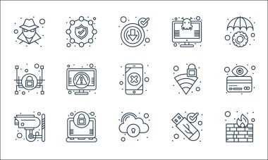 Web güvenlik çizgisi simgeleri. Doğrusal küme. Güvenlik duvarları, bulut depolama, kapalı devre kamera, güvenli usb, şifreleme, asma kilit, wifi, virüs, güvenlik gibi kalite vektör dizileri