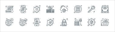 Web güvenlik çizgisi simgeleri. Doğrusal küme. Dosya, veritabanı, koruma, anahtar, bulut hesaplama, ikili dosya gibi kalite vektör çizgisi