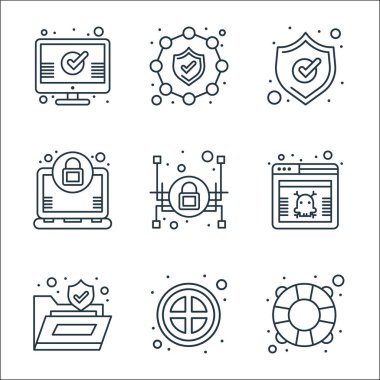 Web güvenlik çizgisi simgeleri. Doğrusal küme. Cankurtaran, yasaklanmış, dosyalar, virüs, asma kilit, şifreleme, koruma, güvenlik gibi kalite vektör çizgisi