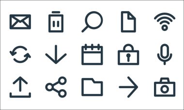 kullanıcı arayüzü satır simgeleri. Doğrusal küme. Kamera, dizin, gönderme, ileri, paylaşma, tazeleme, parola, dosya, silme gibi kalite vektör dizileri