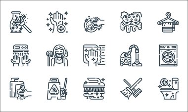 Temizlik çizgisi simgeleri. Doğrusal küme. Klozet, fırça, tap, süpürge, ıslak zemin, el kurutma makinesi, elektrikli süpürge, sünger, hijyen gibi kalite vektör dizileri