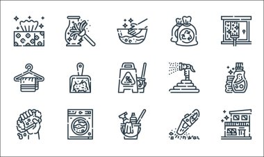 Temizlik çizgisi simgeleri. Doğrusal küme. Ev, kova, sabun, vakum, çamaşır makinesi, askı, hortum, çöp torbası, toz alma gibi kalite vektör dizileri