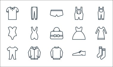 Gardırop çizgisi simgeleri. Doğrusal küme. Çorap, süveter, bebek bezi, ayakkabı, kapüşon, mayo, cüppe, pantolon gibi kalite vektör dizileri