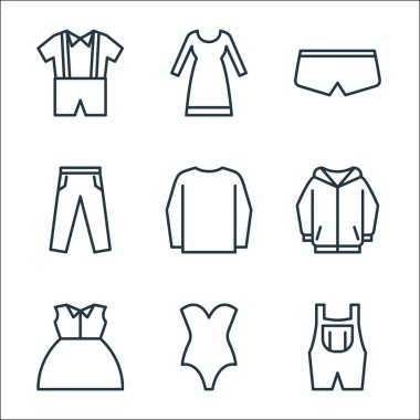 Gardırop çizgisi simgeleri. Doğrusal küme. Askı, mayo, üniforma, kapüşon, uzun kollu, pantolon, mayo, uzun elbise gibi kalite vektör çizgileri.