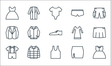 Gardırop çizgisi simgeleri. Doğrusal küme. Üniforma, kolsuz gömlek, üniforma, kadın eteği, kışlık ceket, takım elbise, uzun elbise, mayo, uzun ceket gibi kalite vektör çizgileri.