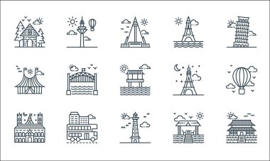 Turizm çizgisi simgeleri. Doğrusal küme. Çin tapınağı, deniz feneri, kale, sahil tatili, çift katlı otobüs, sirk çadırı, Eyfel kulesi, sıcak hava balonu gibi kalite vektör çizgileri.