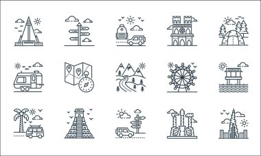 Turizm çizgisi simgeleri. Doğrusal küme. Burj khalifa, kılavuz direği, yol gezisi, Kuzey Kore, Aztek piramidi, karavan, dönme dolap, notre dame, kılavuz direği gibi kalite vektör dizileri