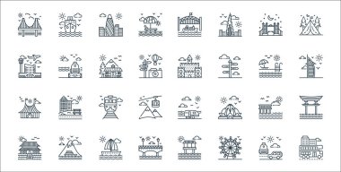 Turizm çizgisi simgeleri. Doğrusal küme. Kaliteli vektör çizgisi çift katlı otobüs, dönme dolap, köprü, Çin tapınağı, sahil, tren, kale, bagaj gibi