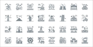 Turizm çizgisi simgeleri. Doğrusal küme. Tatil yeri, çift katlı otobüs, yol gezisi, karavan, köprü, sahil tatili, yolculuk, yolcu gemisi, piramit gibi kalite vektör çizgisi