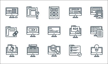 Web geliştirme çizgisi simgeleri. Doğrusal küme. Fikir, seo, promosyon, test, kılavuz, bağlantı, hata, web sitesi, bakım gibi kalite vektör dizileri