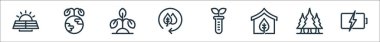 Ekoloji çizgisi simgeleri. Doğrusal küme. Pil yükü, çam ağacı, ev, test tüpü, geri dönüşüm, bitki yaprağı gibi kalite vektör çizgisi kümesi,