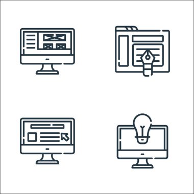Web geliştirme çizgisi simgeleri. Doğrusal küme. Fikir, web sitesi, de gibi kalite vektör çizgisi