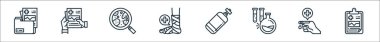Hastane çizgisi simgeleri. Doğrusal küme. Tıbbi sonuç, yaralanma, test tüpü, oksijen tankı, atel, büyütme, tıbbi sonuç gibi kalite vektör dizileri