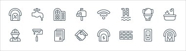 Mülkiyet çizgisi simgeleri. Doğrusal küme. Ev, tuğla duvar, anlaşma, tuvalet, oteller, kablosuz internet, musluk gibi kalite vektör dizileri