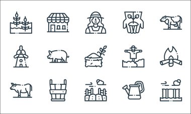 Köy çizgisi ikonlarında. Doğrusal küme. Balya, tarla, bufalo, su kovası, kova, yel değirmeni, korkuluk, ekme, depolama gibi kalite vektör dizileri