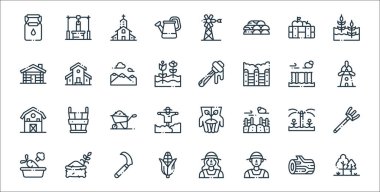 Köy çizgisi ikonlarında. Doğrusal küme. Ağaçlar, çiftçiler, mısırlar, sebzeler, fıskiye, el arabası, yel değirmeni, bal, kulübe gibi kalite vektör dizileri