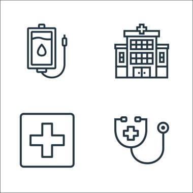 Hastane çizgisi simgeleri. Doğrusal küme. Steteskop, hastane, hastane gibi kalite vektör çizgisi