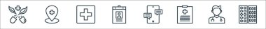 Hastane çizgisi simgeleri. Doğrusal küme. Tabletler, doktor, rapor, mesajlar, kimlik kartı, hastane, konum gibi kalite vektör çizgisi