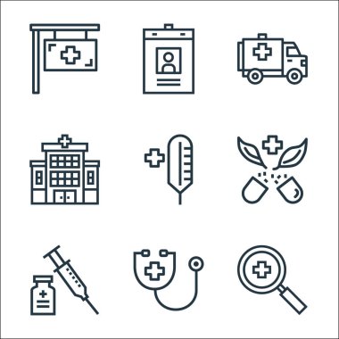 Hastane çizgisi simgeleri. Doğrusal küme. Hastane, steteskop, aşı, hap, termometre, hastane, ambulans, kimlik kartı gibi kalite vektör dizileri