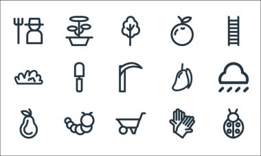 peyzaj ekipman hattı simgeleri. Doğrusal küme. Böcek, el arabası, armut, eldiven, tırtıl, çalı, mango, portakal, saksı gibi kalite vektör çizgisi kümesi