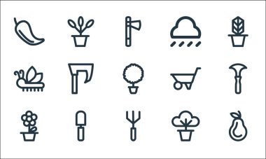 peyzaj ekipman hattı simgeleri. Doğrusal küme. Armut, tırmık, papatya, saksı, kürek, tırtıl, el arabası, bulut, saksı gibi kalite vektör dizileri