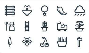 peyzaj ekipman hattı simgeleri. Doğrusal küme. Balta, kiraz, ağaç, çimen, arı, bahçıvan, traktör, biber, fıskiye gibi kalite vektör çizgisi