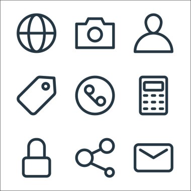 kullanıcı arayüzü satır simgeleri. Doğrusal küme. İleti, paylaşım, asma kilit, hesap makinesi, çağrı, notlar, kullanıcı, kamera gibi kalite vektör dizileri