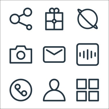 kullanıcı arayüzü satır simgeleri. Doğrusal küme. Uygulama, kullanıcı, çağrı, radyo, mesaj, kamera, tarayıcı, hediye gibi kalite vektör çizgisi