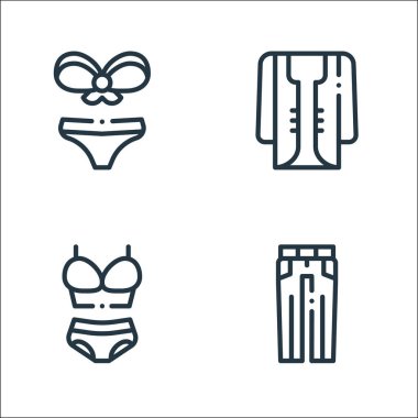 Moda çizgisi simgeleri. Doğrusal küme. Kaliteli vektör çizgisi: Pantolon, iç çamaşırı, hırka