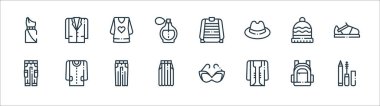 Moda çizgisi simgeleri. Doğrusal küme. Makyaj, hırka, etek, pantolon, bere, bluz, kazak, ceket gibi kalite vektör çizgileri