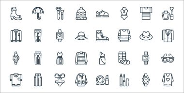Moda çizgisi simgeleri. Doğrusal küme. Bluz, makyaj, yağmurluk, tişört, kol saati, elbise, ceket, spor ayakkabı, kot pantolon gibi kalite vektör çizgisi