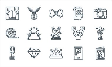 Şöhret çizgisi simgeleri. Doğrusal küme. Cephanelik, taç, ödül, sahne arkası, elmas, film rulosu, fan, akıllı telefon, kolye gibi kalite vektör dizileri