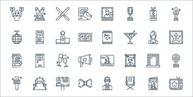 Şöhret çizgisi simgeleri. Doğrusal küme. Quiz, yönetmen koltuğu, papyon, röportaj, ayna, tezahürat, şöhret yürüyüşü, imza, sosyal medya gibi kalite vektör dizileri