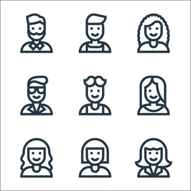İnsanlar ikonlar çiziyor. Doğrusal küme. Kadın, kadın, kız, kadın, erkek, cam, erkek gibi kalite vektör çizgisi